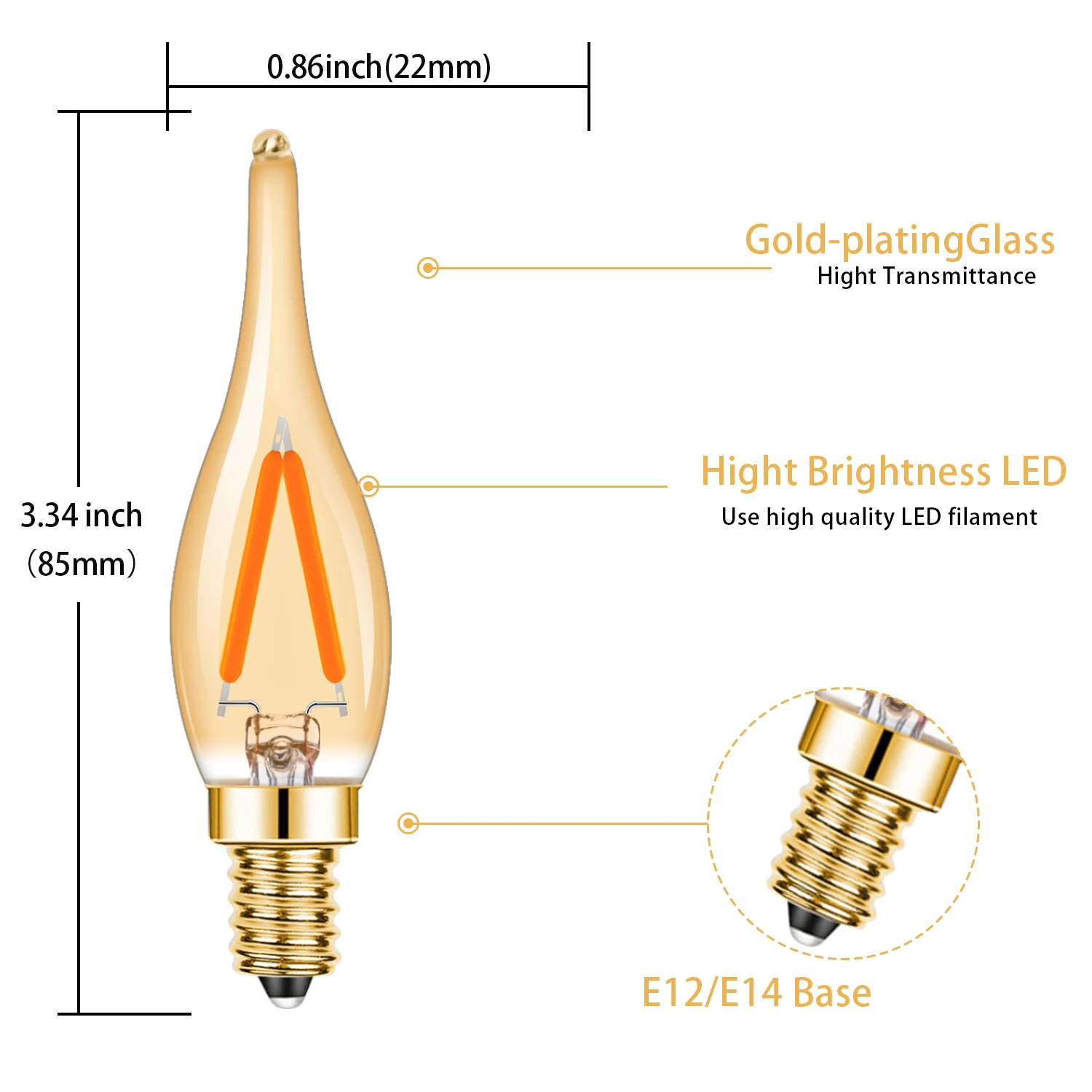 빈티지 C22 LED 전구, 조도 조절 야간 조명, E12, E14, 앰버, 따뜻한 흰색, 펜던트 샹들리에 장식, 110V, 220V, 2W