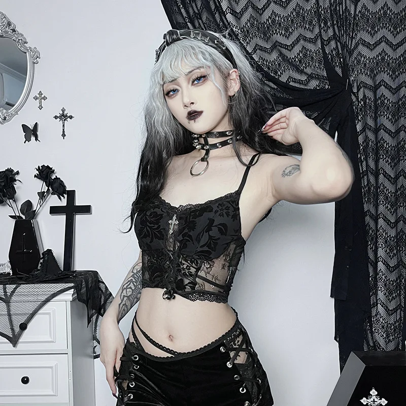 여성용 레이스 시스루 플로킹 몰, 고딕 캐미솔, 그런지, 섹시한 붕대, 바디콘 크롭 탑, 블랙 이모 Alt 스트리트웨어