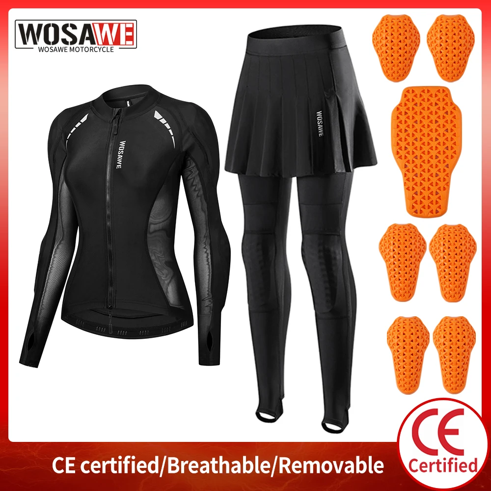 WOSAWE Women Motorcycle Armor Suit CE Approved Pads Motocross Full Body Protection Summer Downhill Racing Jacket Skirt Pants Set