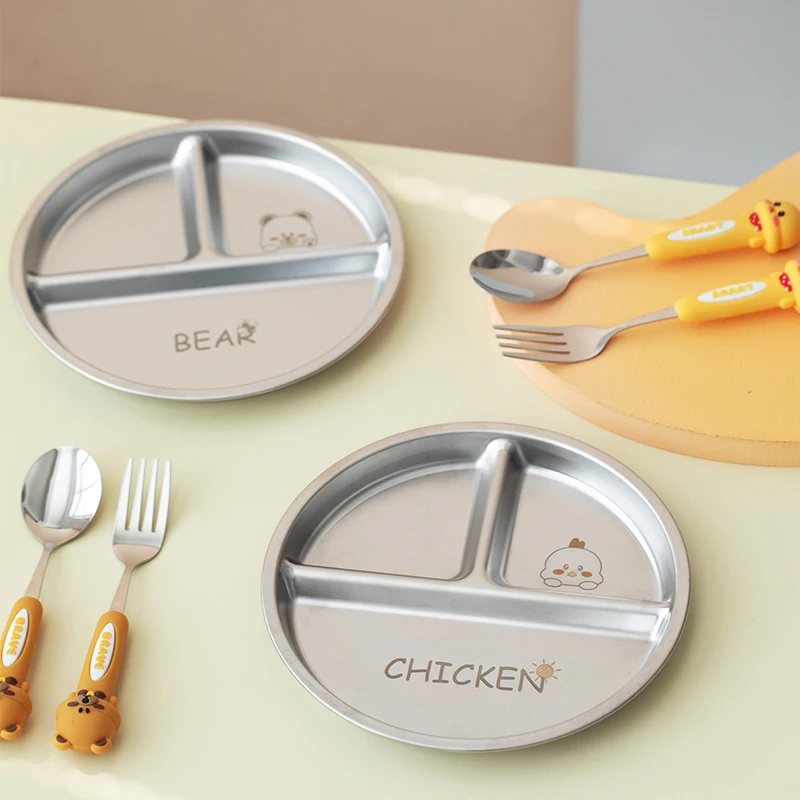 Round Dining Plate 304 Stainless Steel Food Plate Divided Breakfast 3 Grids Cute Tableware Stackable Fruit Salad Set