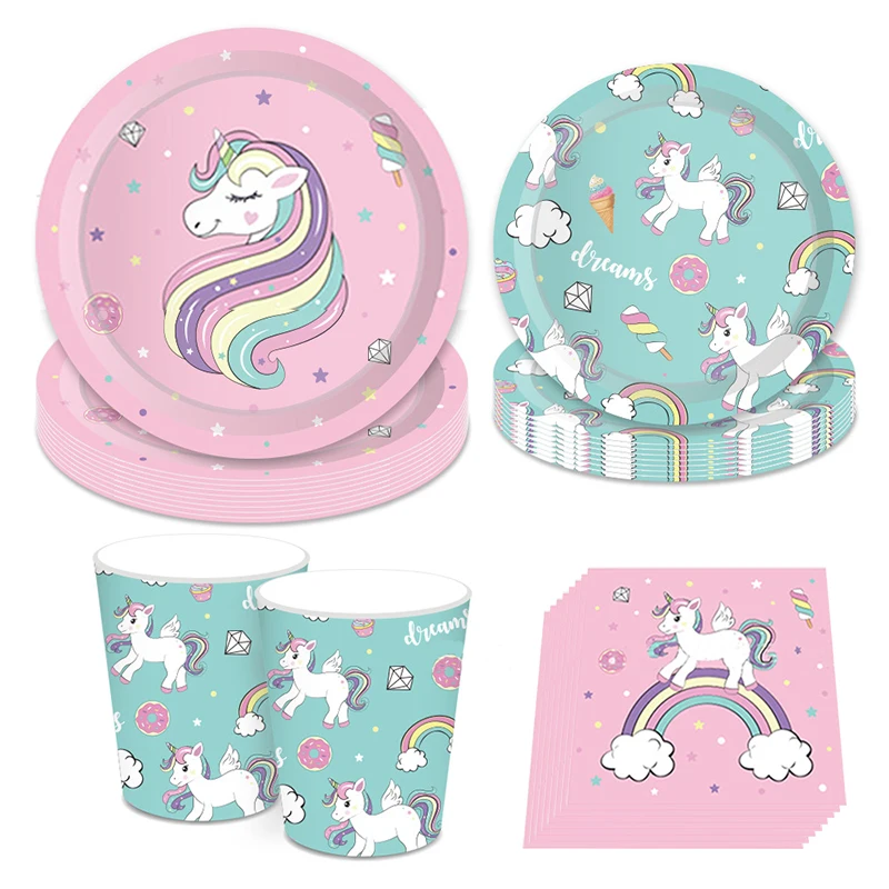 Unicorno Stoviglie Usa E Getta Decorazione Per Feste Unicorno Piatto Di Carta Tazze Tovaglioli Unicorno Compleanno Baby Shower Girl Party Supplies
