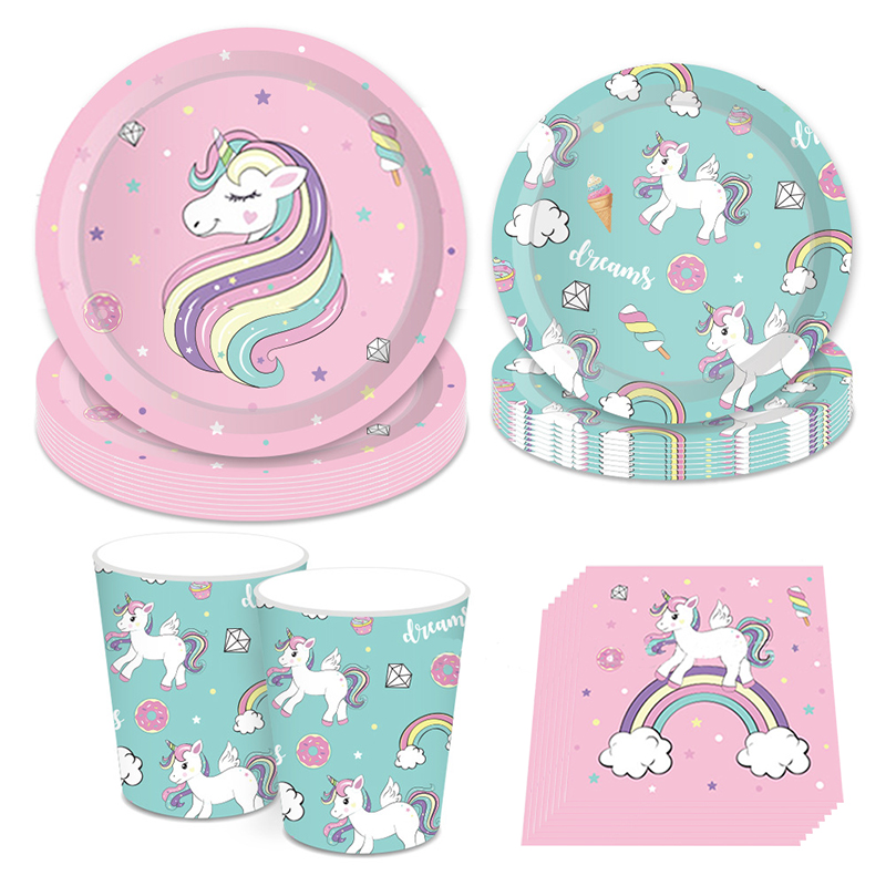 Unicorn Disposable Tableware Unicorn Party Decoration Paper Plate Cups Napkins Unicorn Birthday Baby Shower Girl Party Supplies