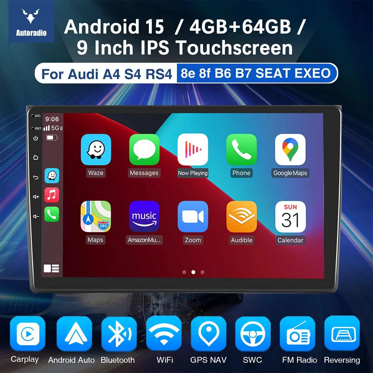 ESSGOO Autoradio Android15 9" 4+64 GB für Audi A4 S4 RS4 8E 8F B9 B7 SEAT Exeo Bildschirm Wireless CarPlay GPS Navigation FM Bluetooth WiFi RDS Lenkradsteuerung Mirror Link Android Auto – Detail 2