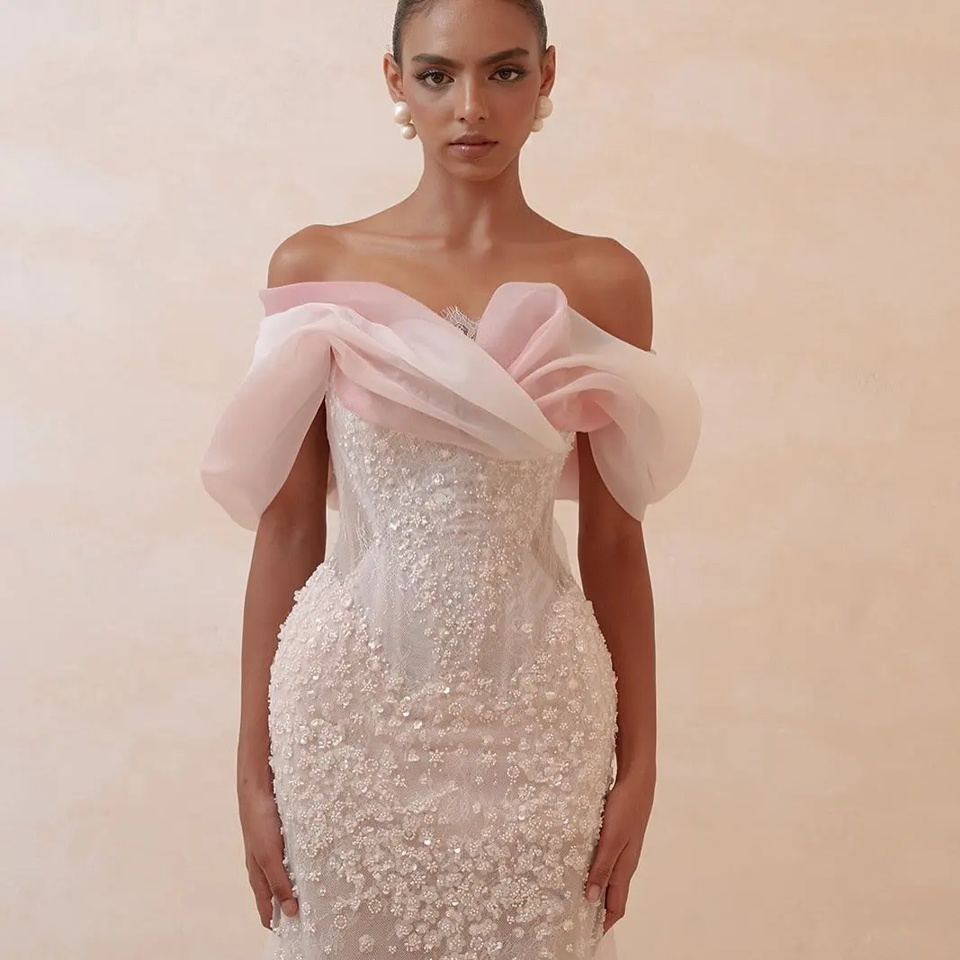 Hot Sale Champagne Sequin V-Neck Evening Dress Mermaid Gown Gold Beaded Formal Prom Off The Shoulder Gala Dress With Shawl 2