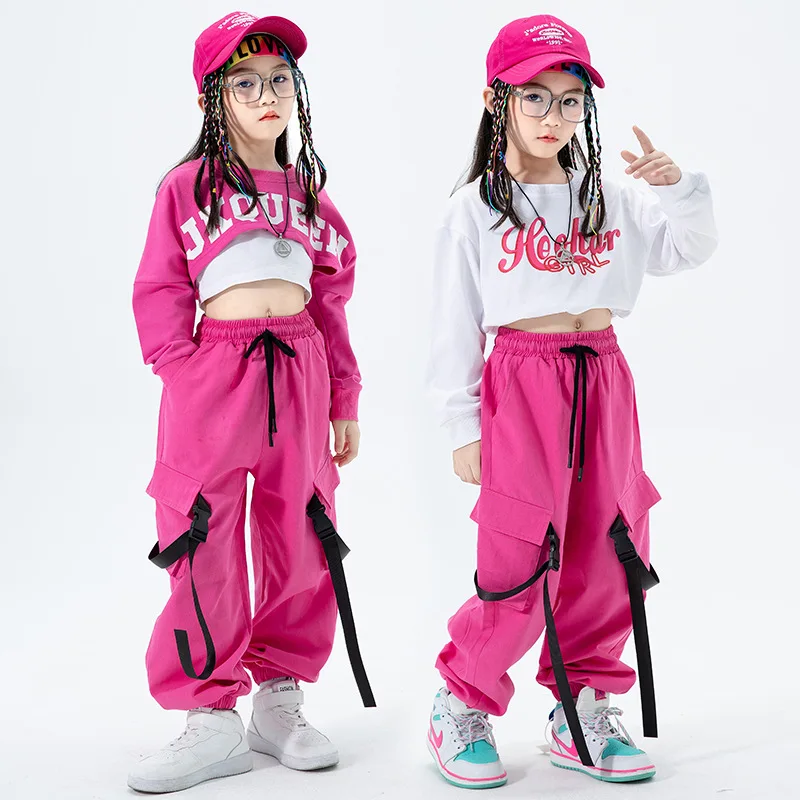 

Kid Kpop Hip Hop Clothing Sweatshirt Crop Top Casual Strap Streetwear Cargo Jogger Pants For Girls Jazz Dance Costume Clothes