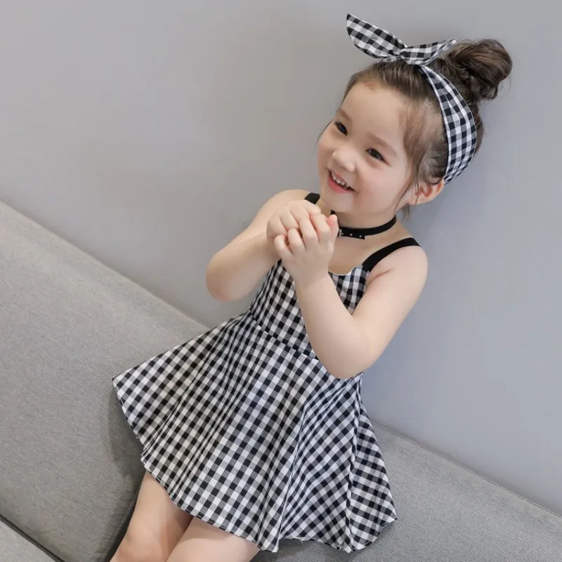 Summer Kids Dress Toddler Girls Princess Plaid Strap Dress Kids Baby Sleeveless Dresses Outfits Vestido Festa Infantil 1-5Years