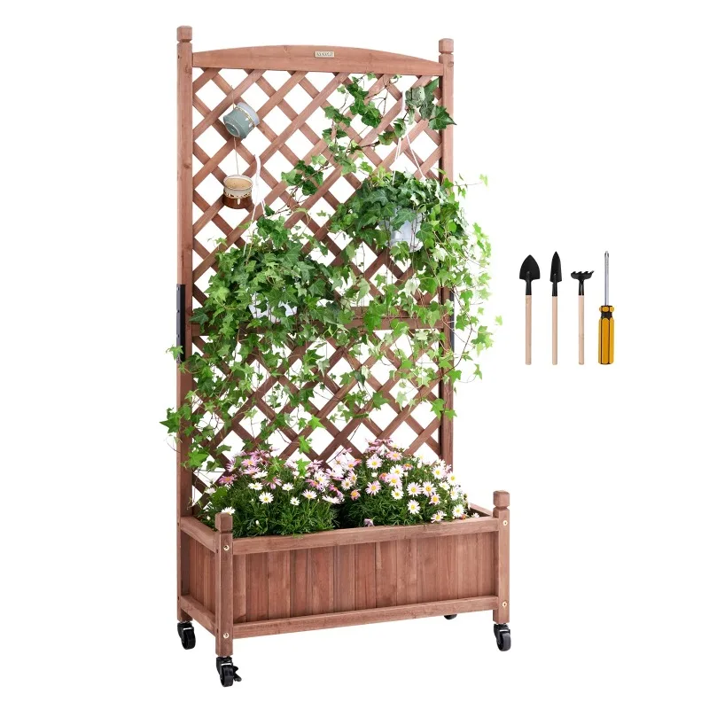 

Raised Garden Bed with Trellis,30"x 13" x 61.4"Outdoor Raised Wood Planter with Drainage Holes,Free-Standing Trellis Planter Box