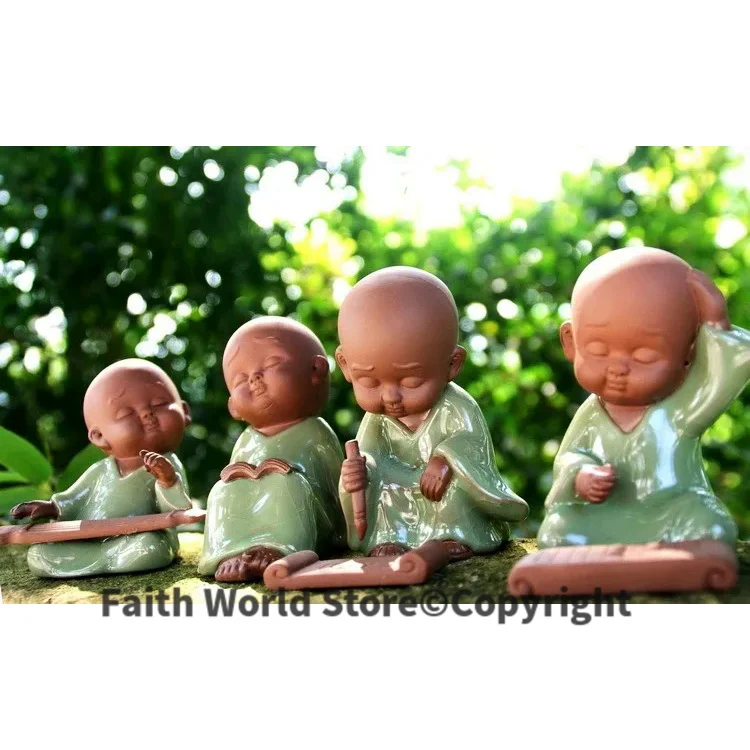 

RARE--Marvellous # TOP ART OFFICE home Zen Buddhism " 4P Arts " Little Monk Ge Yao kiln porcelain pottery ART- business gift