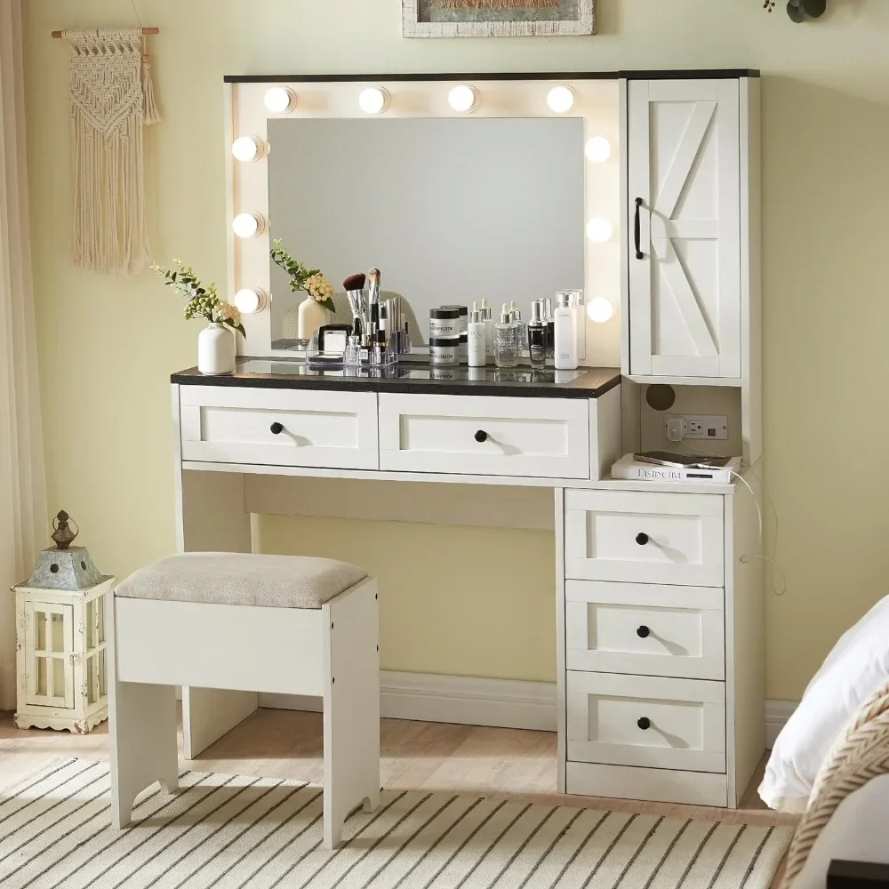 

Farmhouse Vanity Makeup Desk Charging Station,43" Desk Lights Mirror Drawers , Big Modern Vanity Table Set Vanity Stool White