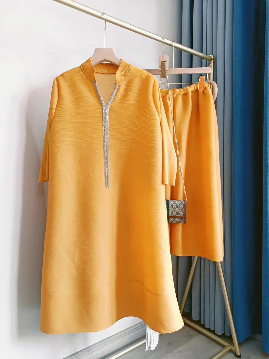 New 2024 Pant Suits For Women 45-75kg Autumn Simple Fashion Elastic Loose Pleated Long Tops and Casual Trousers Set Female Lady