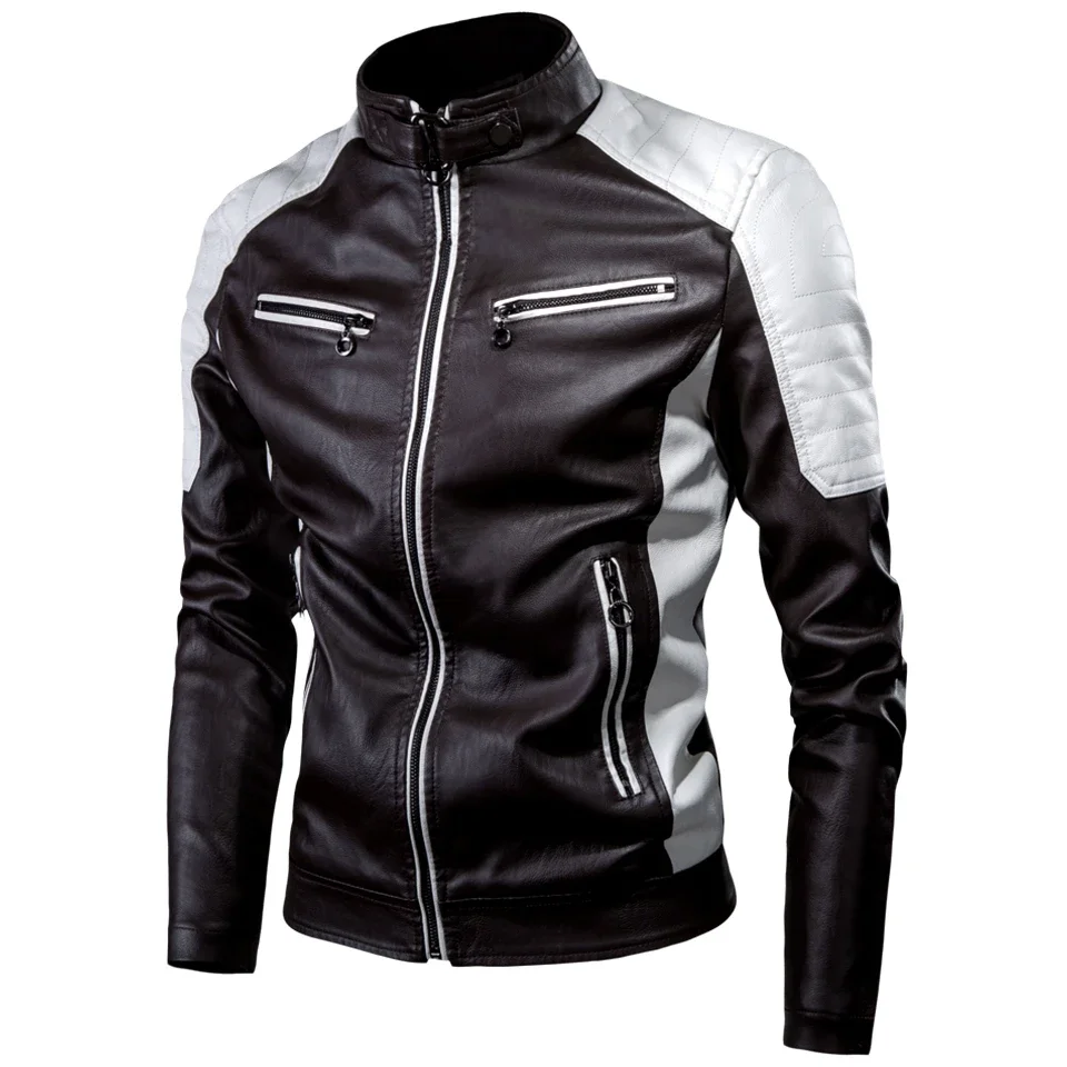 Men Winter Casual Motor Spliced Leather Jacket Coat Men Autumn Fashion Biker Vintage Warm Leather Jacket Coat