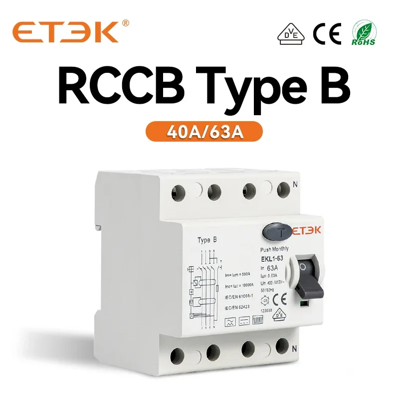 

ETEK RCD Type B Evse 4P 4Poles AC Earth Leakage Circuit Breakers RCCB 40a 63a 30ma EKL1-63HB 10KA Din Rail 220V