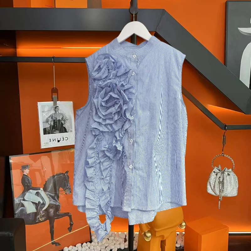 

2024 Summer Korean New 3D Flower Women's Tank Top Sleeveless Knitwear Slim Single Breasted Top