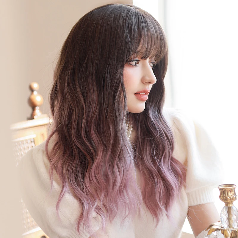 NAMM Costume Wig Synthetic Body Wavy Ombre Purple Wigs with Dark Roots High Density Curly Hair Wigs with Bangs Lolita Wig