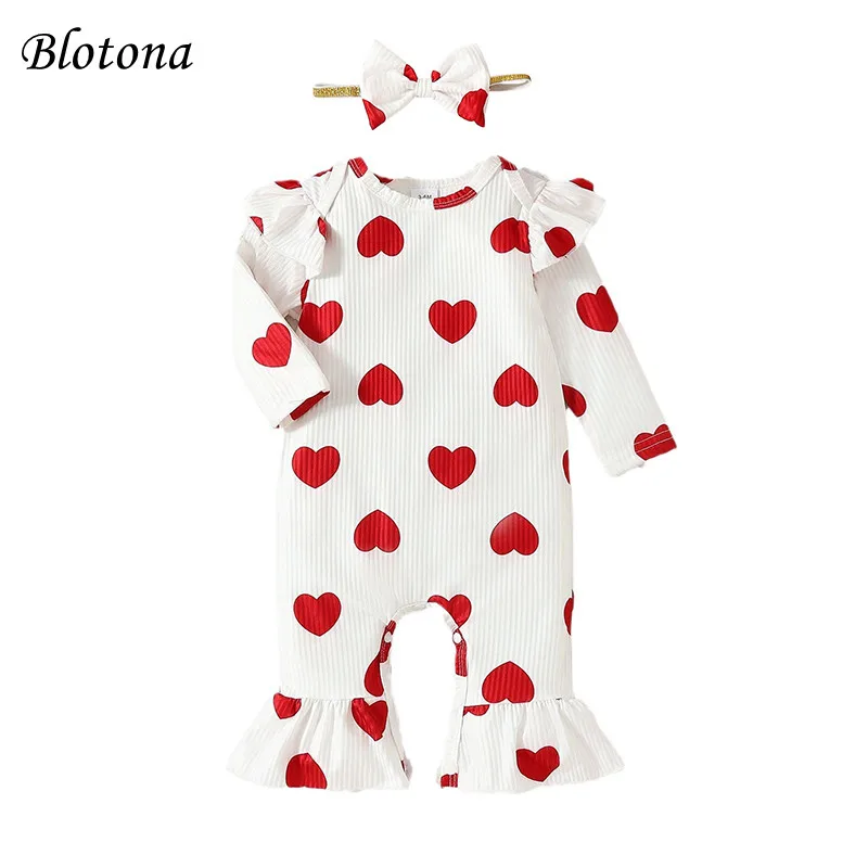 

Blotona Newborn Baby Girls Valentine's Day Jumpsuit Long Sleeve Crew Neck Heart Print Ruffled Romper with Headband 0-18Months