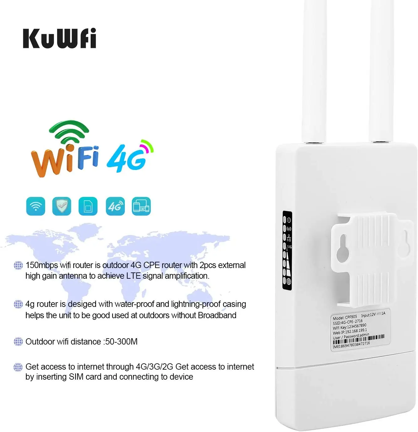 Kuwfi-roteador sem Fio ao ar Livre com Cartão Sim Impermeável Home Hotspot 4g Lte Cobertura Wifi Rj45 Wan Lan 150mbps - Imagem 5