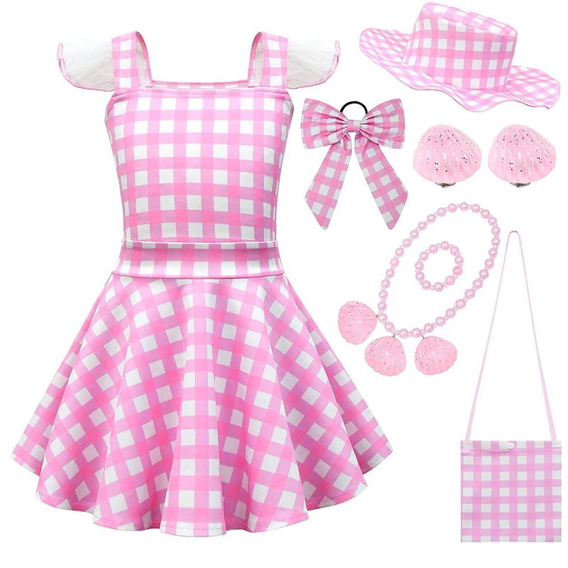 

New Girls Pink Suspenders Small Flying Sleeves Movie Cosplay Costume Festival Party Dress Plaid Ballet Dress + Accessories