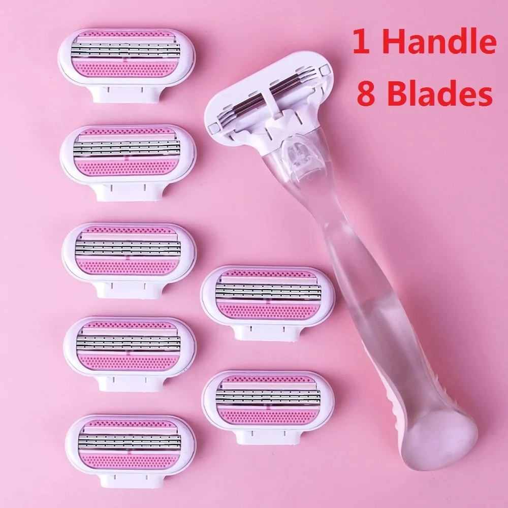 1 Handle + 4/8 Razor Blade Women Safety Razor Blades Face/ Leg/ Armpit/ Bikini Beauty Hair Removal Shaving Compatible Venus Shaver