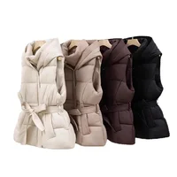 Women's Quilted Puffer Vest Thicken Warm Winter Hooded Coat Solid Color Sleeveless Padded Outwear Cropped Button Zip Up Coat