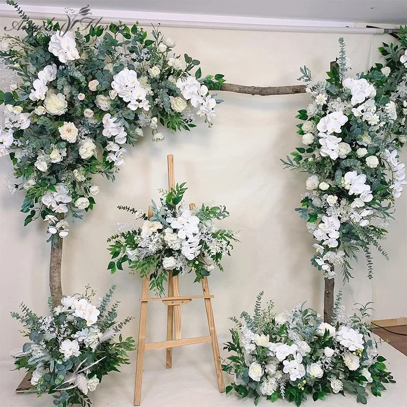 White Rose Orchid Greenery, Wedding Arch Deco, Artificial Hang Corner Flower, Welcome Sign Floral Arrangement, Table Centerpiece