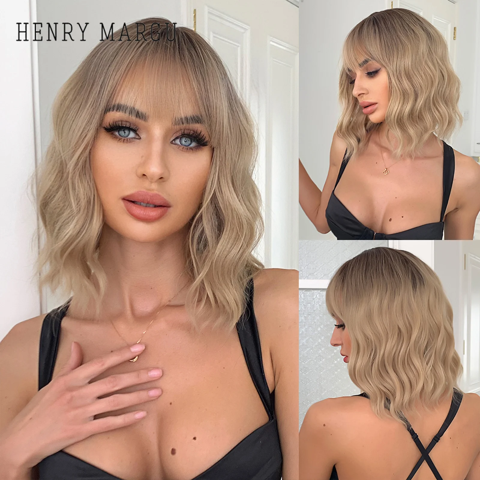 

HENRY MARGU Blonde Ombre Water Wave Wigs Synthetic Wigs with Bangs Cosplay Lolita Hair Wig for Black Women Heat Resistant