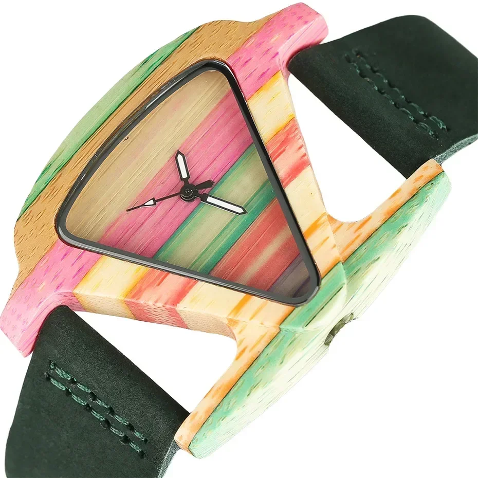 Unique Triangle Women's Wood Watch Creative Colorful Lady Green/ Red Genuine Leather Wristwatch Elegant Womens Watches Top Gifts 2
