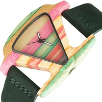 Unique Triangle Women's Wood Watch Creative Colorful Lady Green/ Red Genuine Leather Wristwatch Elegant Womens Watches Top Gifts 2