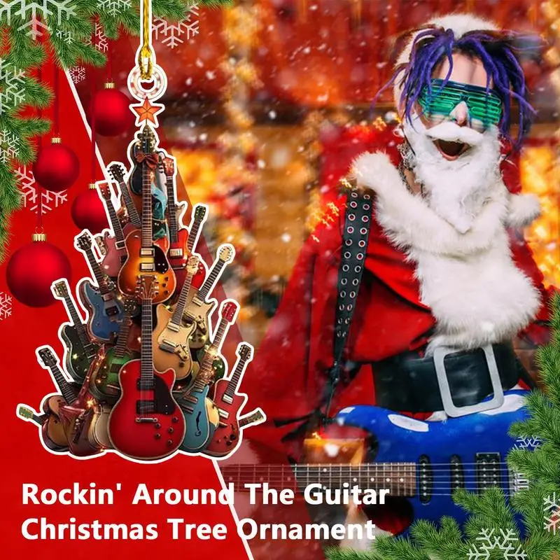 Rock Guitar Christmas Tree Shaped Decor Pendant 2D Flat Acrylic Guitar Xmas Tree Bag Car Pendant For Lovers