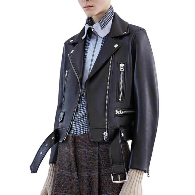 2023 New Autumn Winter European American Ladies Black Artificial Leather Jacket Coat Lapel with Belt Rivet Leather Overcoat peorchid black brooch bridal bouquet large white artificial cascading calla lily wedding bouquet red black bridesmaid flowersi