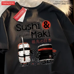 Theduc Unisex Cotton Crewneck Sushi Graphic T-Shirt - Fashionable Loose Fit Top - S (Black)