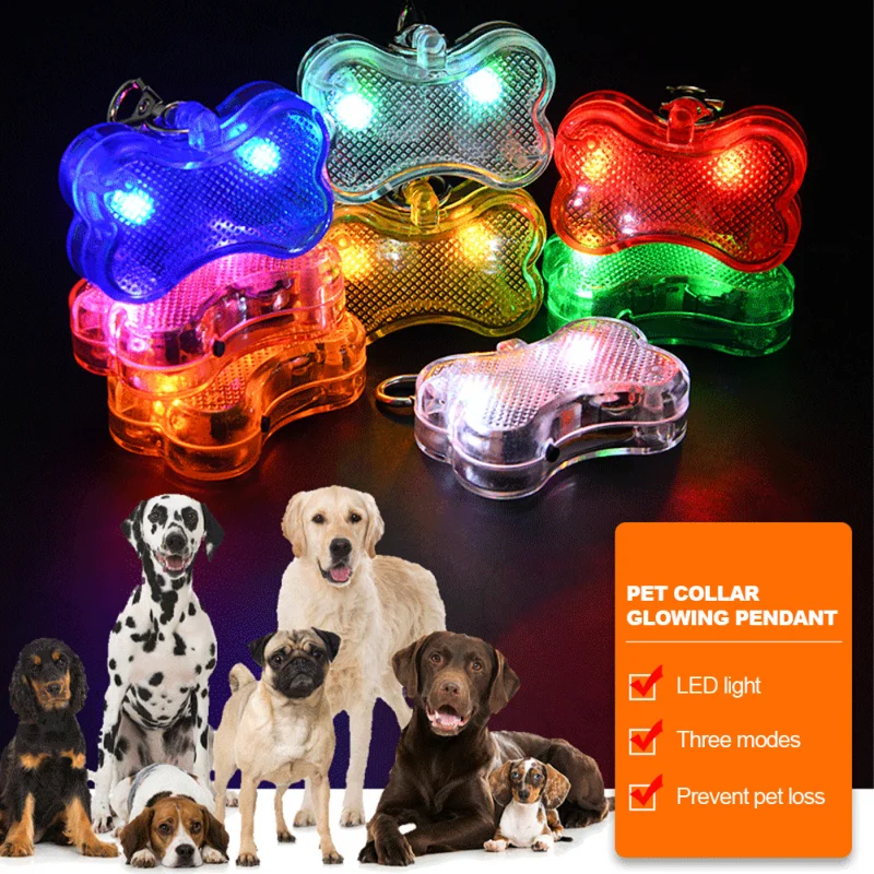 Bone Shaped Luminous Pet Collar, pingente brilhante, acessórios para cães, cachorro andando, luz de advertência com gancho pendurado