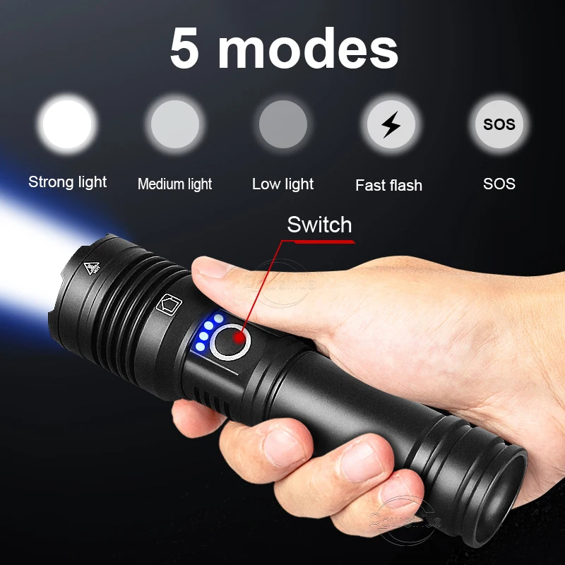 Neueste 250000 Lumen High Power LED Taschenlampe 18650 USB Aufladbare  Taschenlampe Tragbare Zoom Laterne XHP160LED Taktische Flash Lampe -  AliExpress