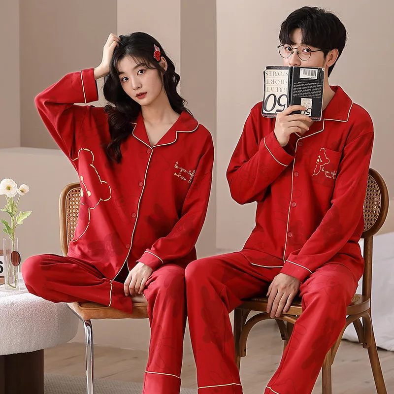 Red Sleepwear For Couples Autumn Cotton Nighwear Women and Men Matching Pajamas Set Korean Cardigan Homewear Mujer Pjs Hombre