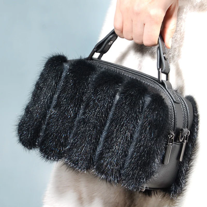 Women's New Small Square Bag Double Zipper Fashion Real Mink Hair Shoulder Bag High-end Banquet Elegant Leather Clutch Bag