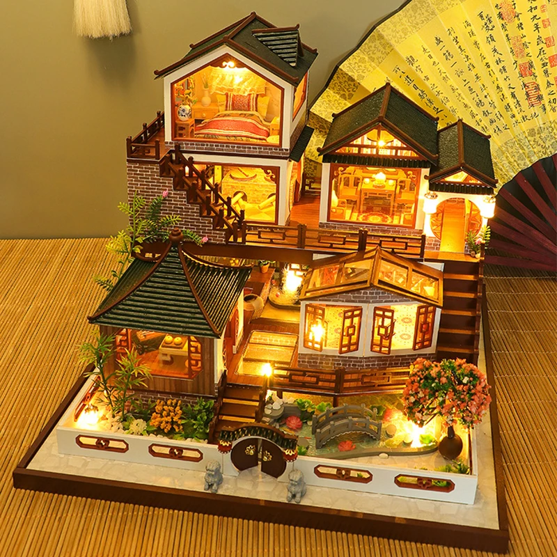 

New DIY Miniature Wooden Doll House Building Kit Ancient Architecture Big Casa Dollhouse With Furniture Light Villa Toys Gifts