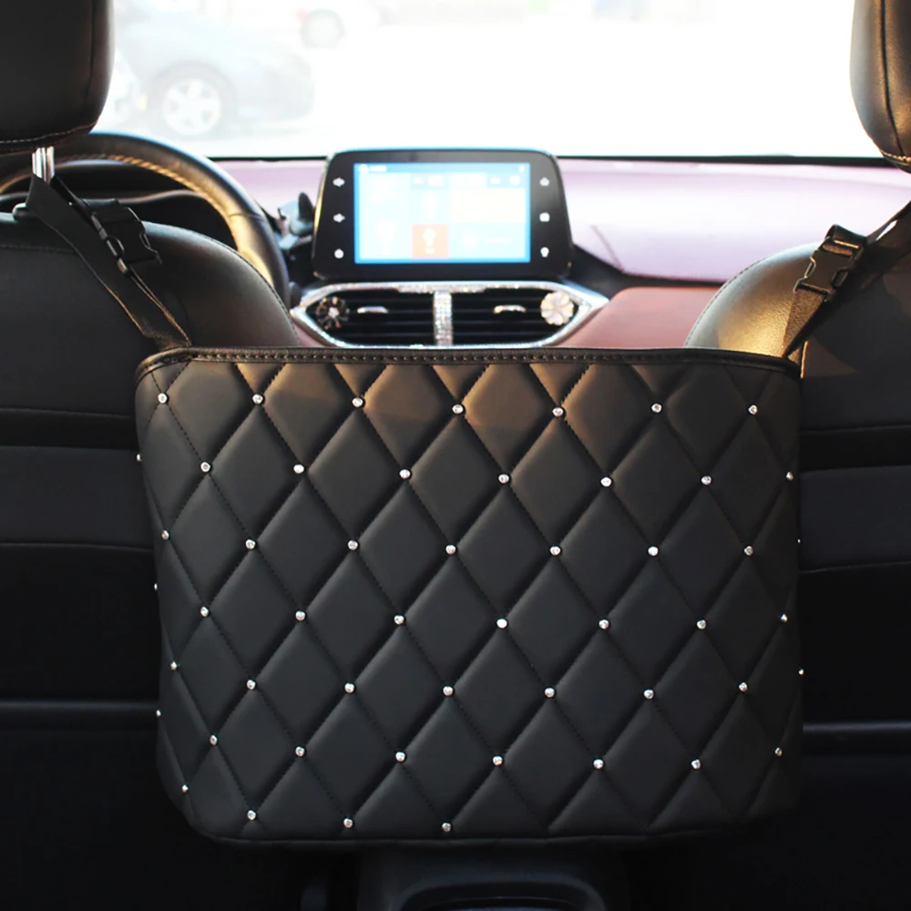 

Crystal Rhinestone PU Leather Car Storage Bag Organizer Barrier of Backseat Holder Multi-Pockets Car Container Stowing Tidying