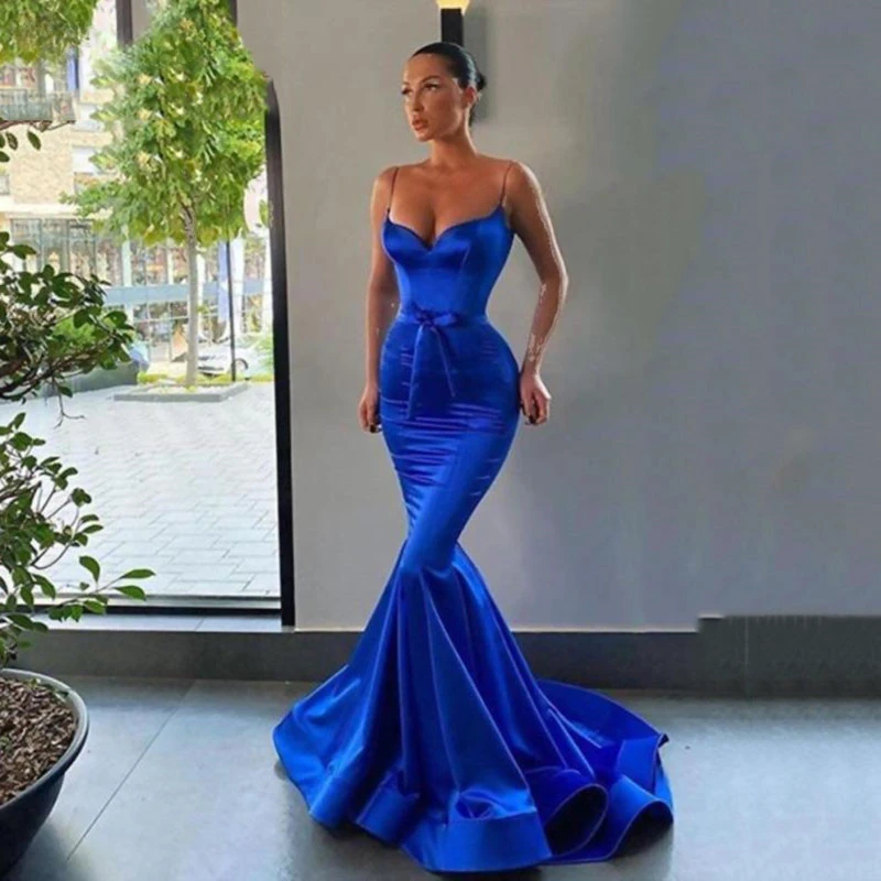 

Sexy Royal Blue Mermaid Prom Dresses Spaghetti Strap Satin Long Formal Evening Gowns Longo Party Dress Plus Size
