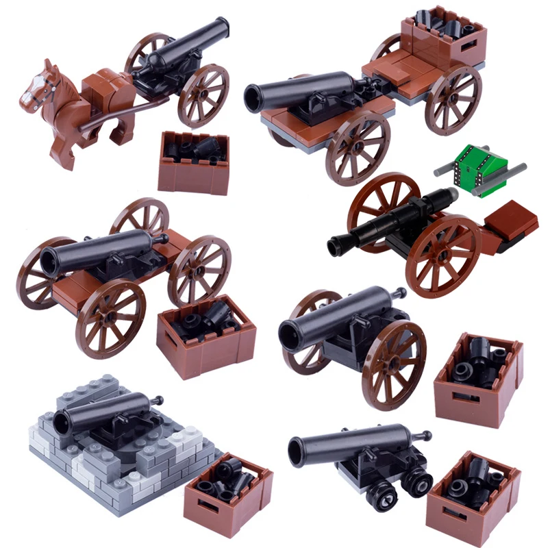 MOC Medieval Napoleonic Artillery Cannon Building Blocks Pirate Weapons Transport Carriage Toys