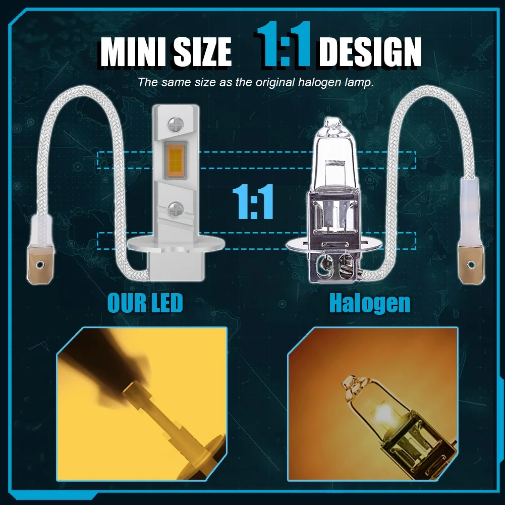 Ampoules LED H1 H3 à prise unique H7 pour sauna, lampe antibrouillard  16000Lm 6500k blanc 3000k jaune 12000k bleu vert 1:1 Plug and Play Mini, 2  pièces