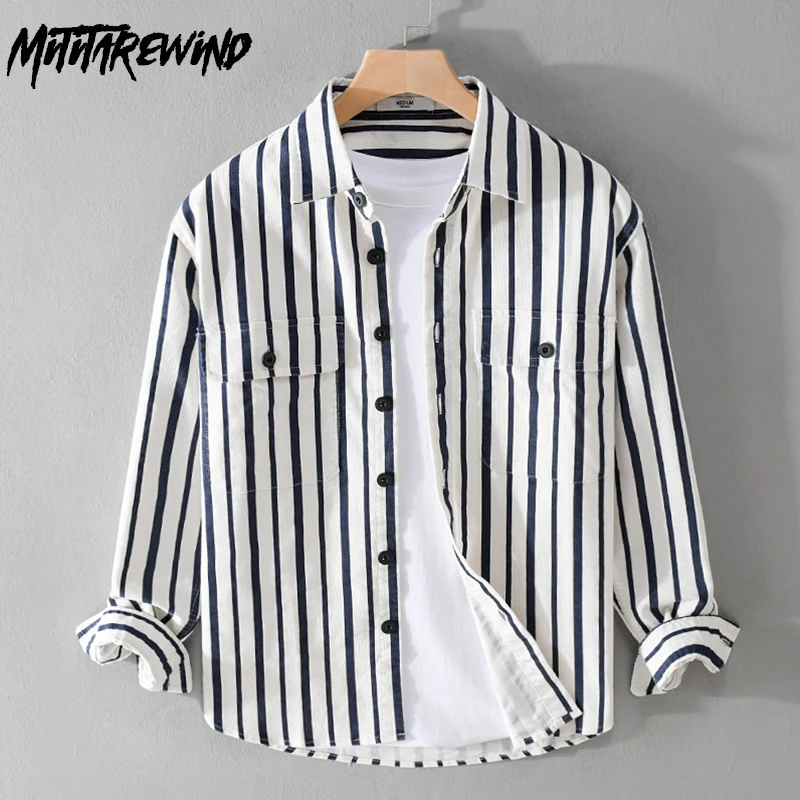 

Японская винтажная рубашка, весенние мужские рабочие топы, свободные рубашки с квадратным воротником и карманами, полосатые рубашки с длинными рукавами, повседневная универсальная рубашка