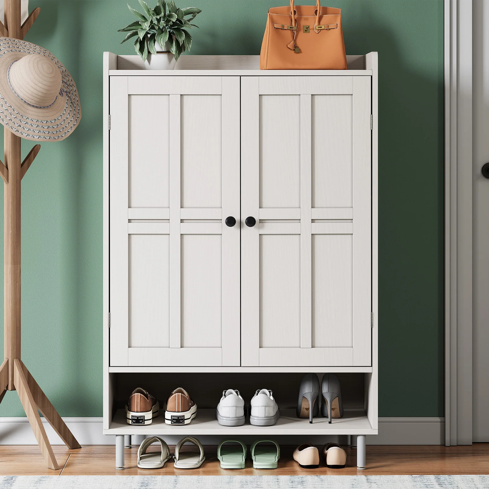 45'' Shoe Cabinet Storage for Entryway, 6-Tier Farmhouse Shoe Storage Cabinet with Cross Molding Doors and 3 Adjustable Shelves 3