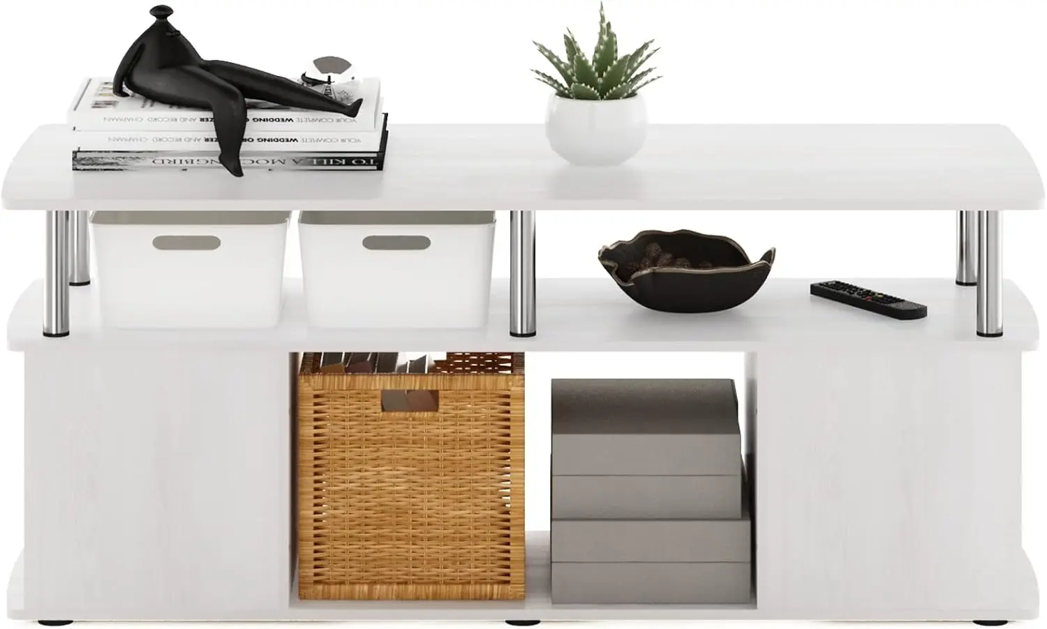 Jaya Stand for TVs up to 50 Inch with Open Storage, 18.9"D x 47.2"W x 20.12"H, White Oak/Stainless Steel Tube