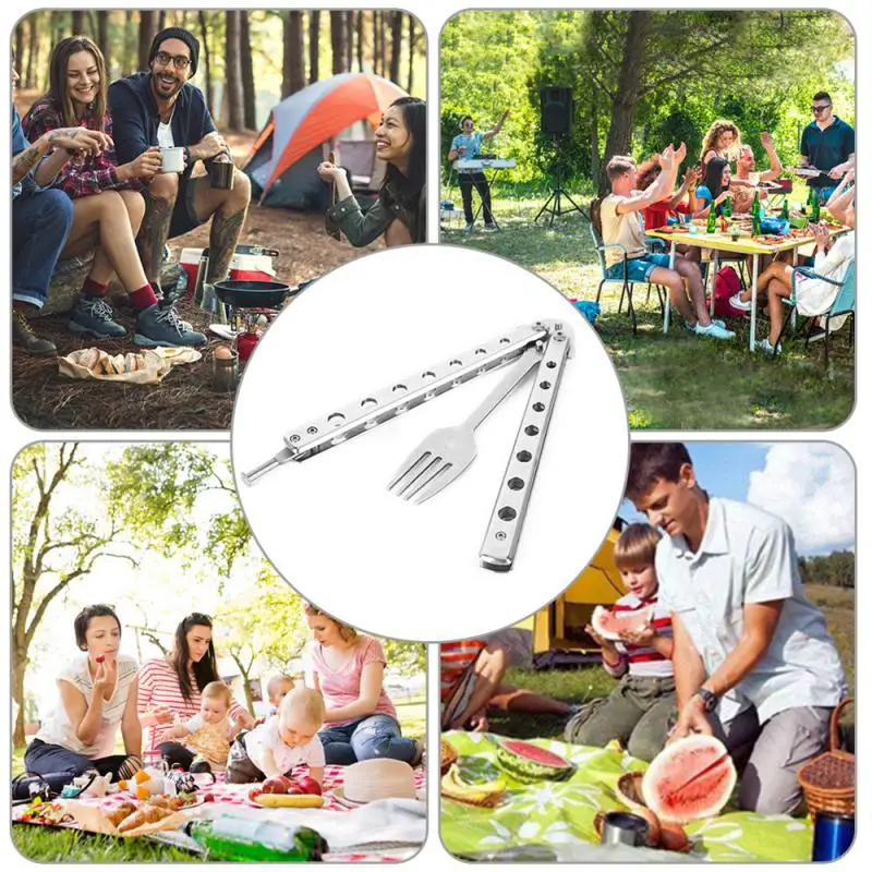 Metal Folding Balisong Trainer Spoon Fork Butterfly Knife Game Safety Practice Trainer Survival Camping Tableware Accessories