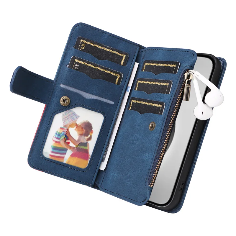 Luxury Zipper Leather Wallet Case with Card Holder and Lanyard