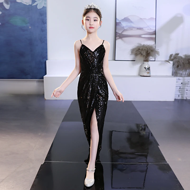 

Luxury Sexy Slit Girls Dress Sequined Kids Pageant Gown Birthday Party Costume Strapless Girls Evening Dress Vestidos 2-14y
