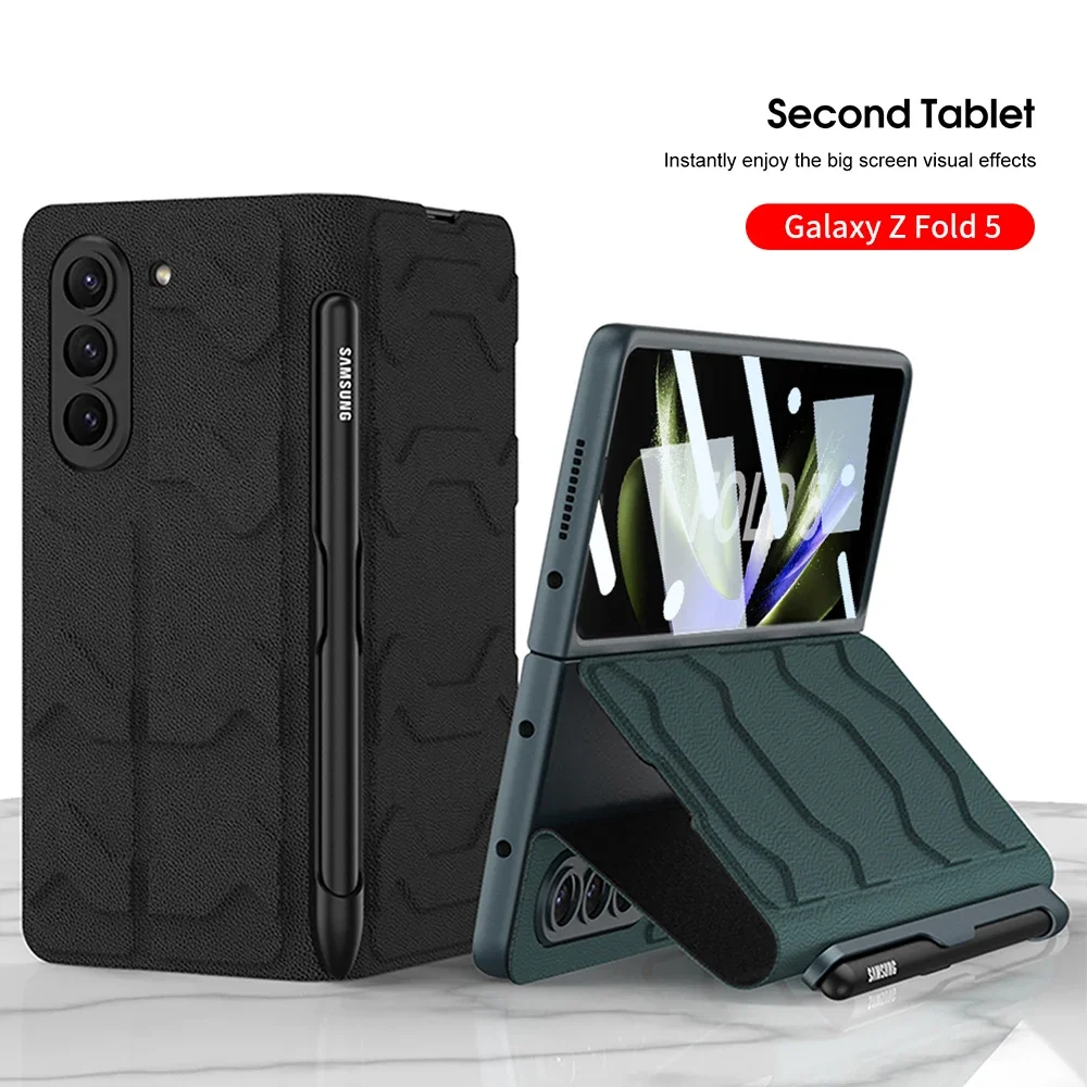 

Leather Stand Cover For Samsung Galaxy Z Fold 5 4 Case Armor Shockproof with Side Pen Slot Front Glass Film Fundas