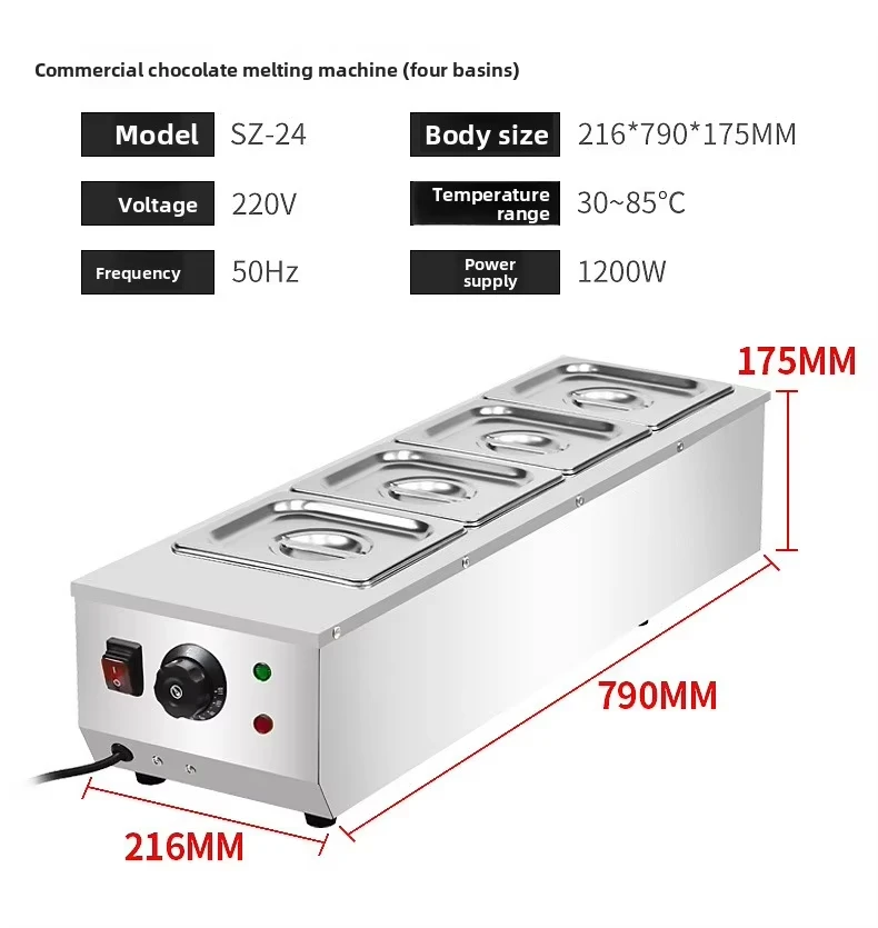 JH Stainless Steel Chocolate Melter 2/3/4 Pots 1200W 30-85℃ Temp Control Commerc