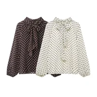 Chemise à manches longues à pois pour femmes, mode printemps automne, chemise à nœud à lacets, chemise élégante pour femme, chemises de rue 2