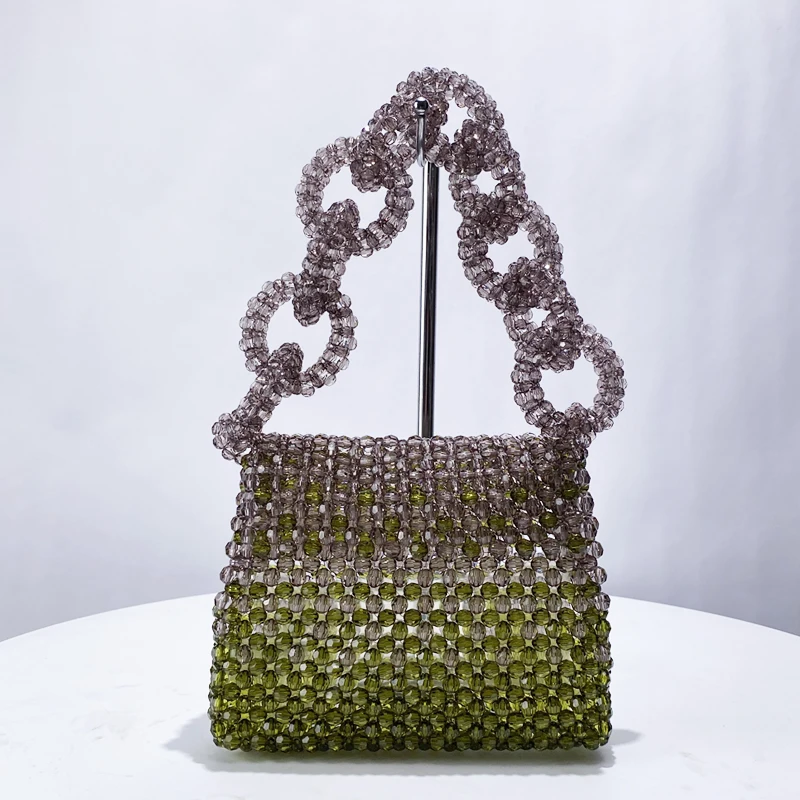 thumbnail image 1 of Bolsos de noche huecos para mujer, bolsos de diseñador de lujo, carteras, novedad de 2024, en PC, con cuentas tejidas, color degradado, asa de anillo para playa, 1 of 5