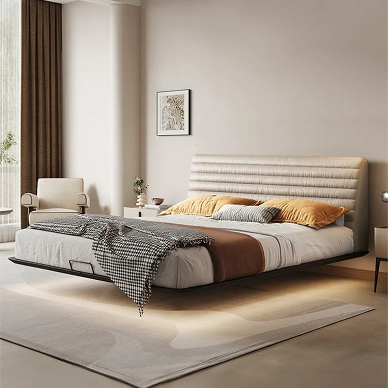 

Modern minimalist solid wood Italian minimalist top layer cowhide upholstered bed beds
